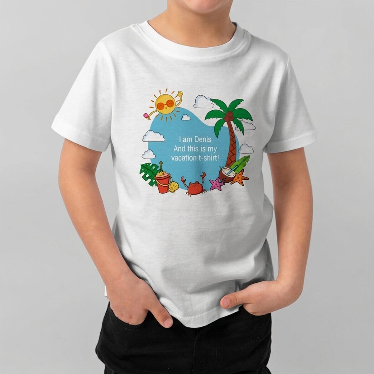 Camiseta de algodón para niños personalizada con mensaje: «Vacaciones de verano»
