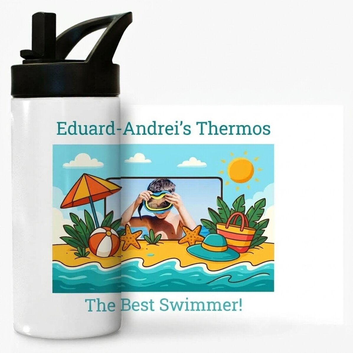 Termo con asa y pajita personalizado con foto y mensaje para niños - Vacaciones de verano