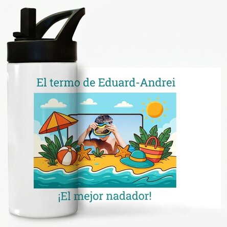 Termo con asa y pajita personalizado con foto y mensaje para niños - Vacaciones de verano