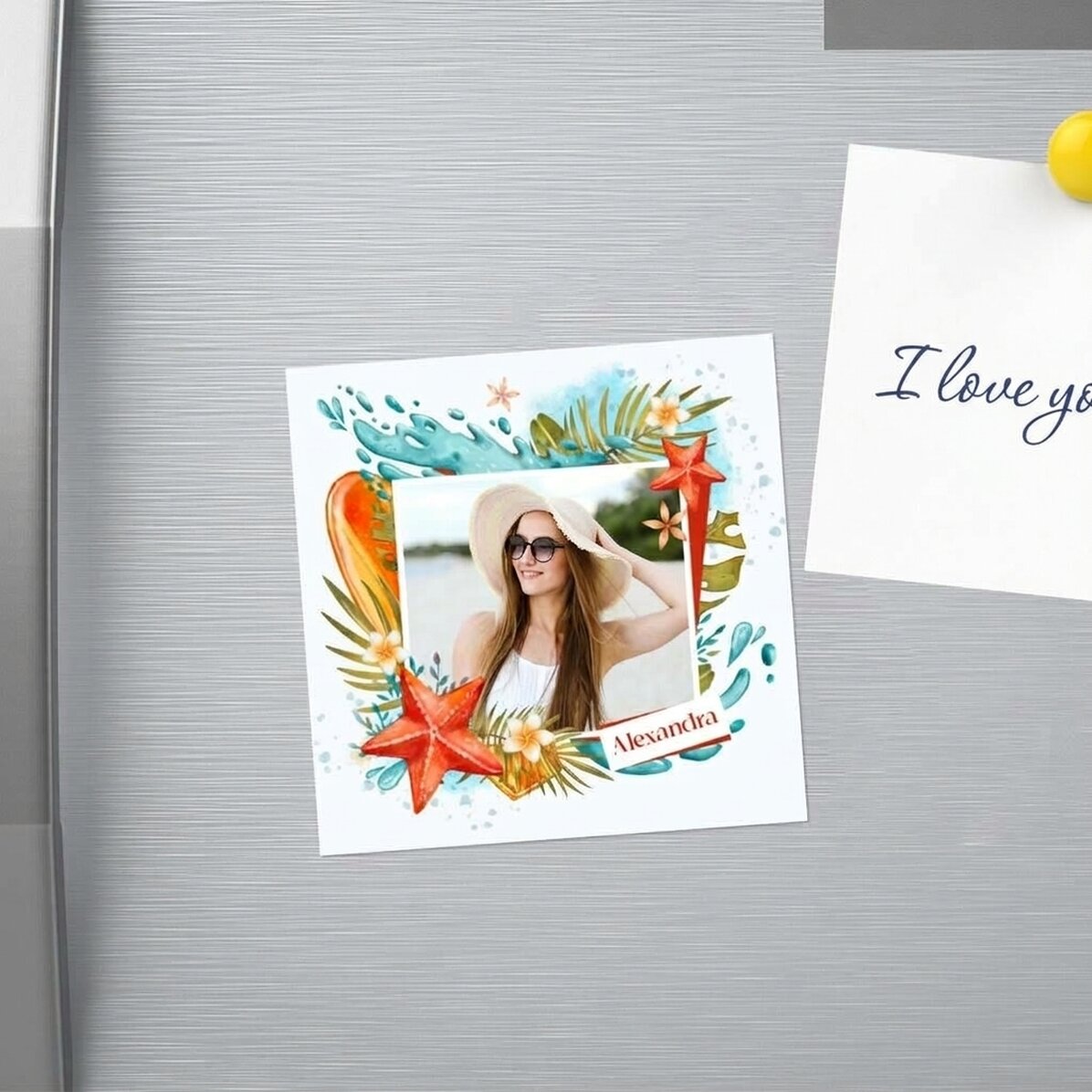 Imán personalizado de 10x10 con foto y nombre - Vacaciones