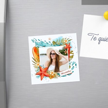 Imán personalizado de 10x10 con foto y nombre - Vacaciones