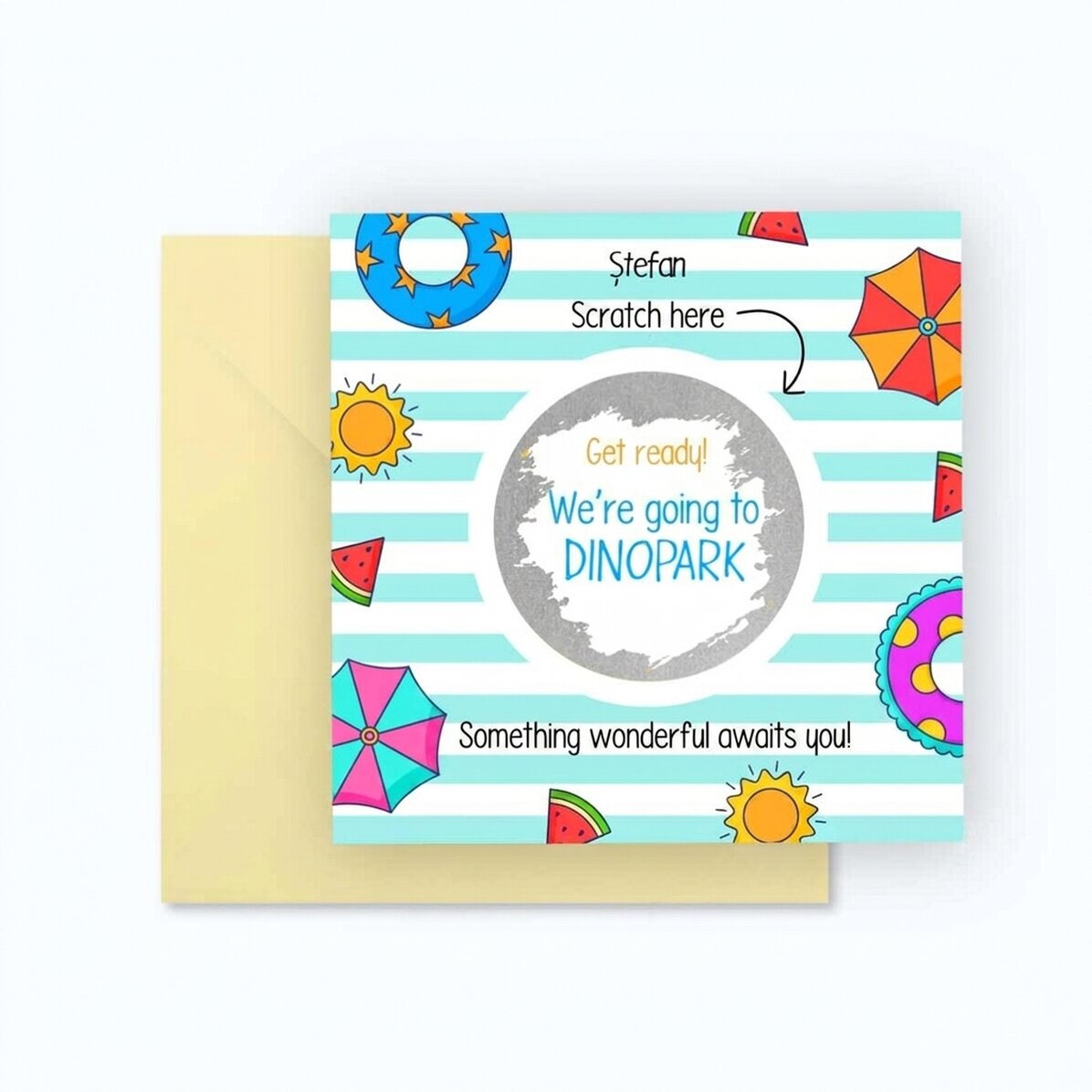 Tarjeta rasca y gana personalizada con mensaje - Vacaciones de verano