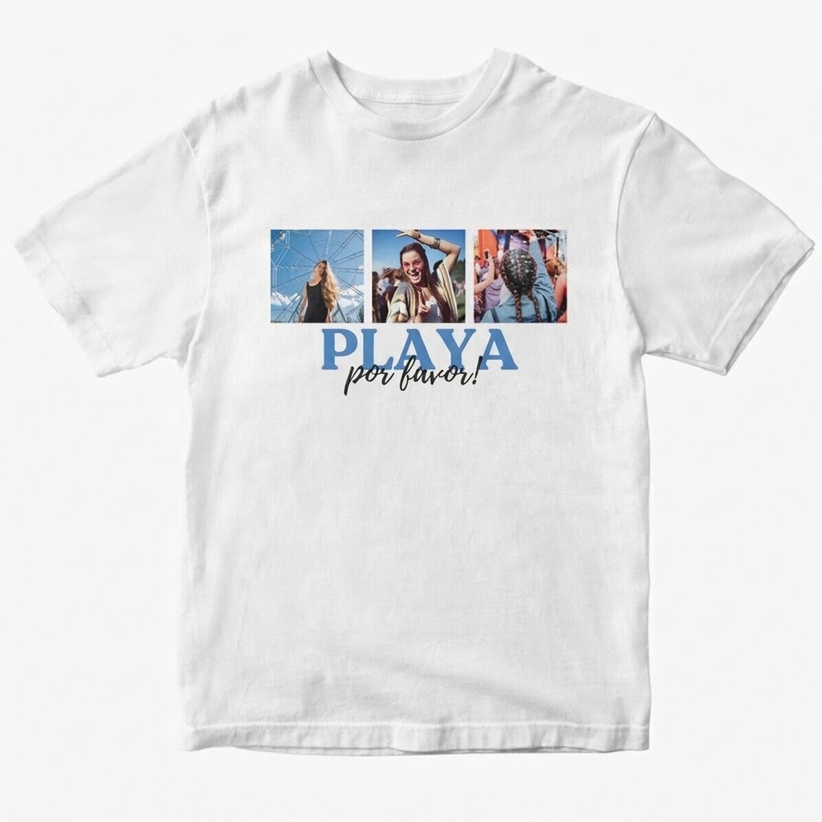 Camiseta de algodón personalizada con 3 fotos y un mensaje: «¡Beach, please!»