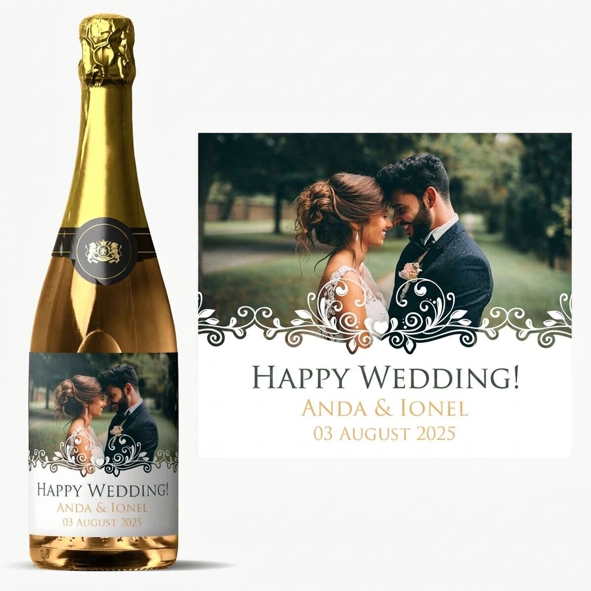 Vino espumoso personalizado con un texto y una foto - ¡Casa de piedra!