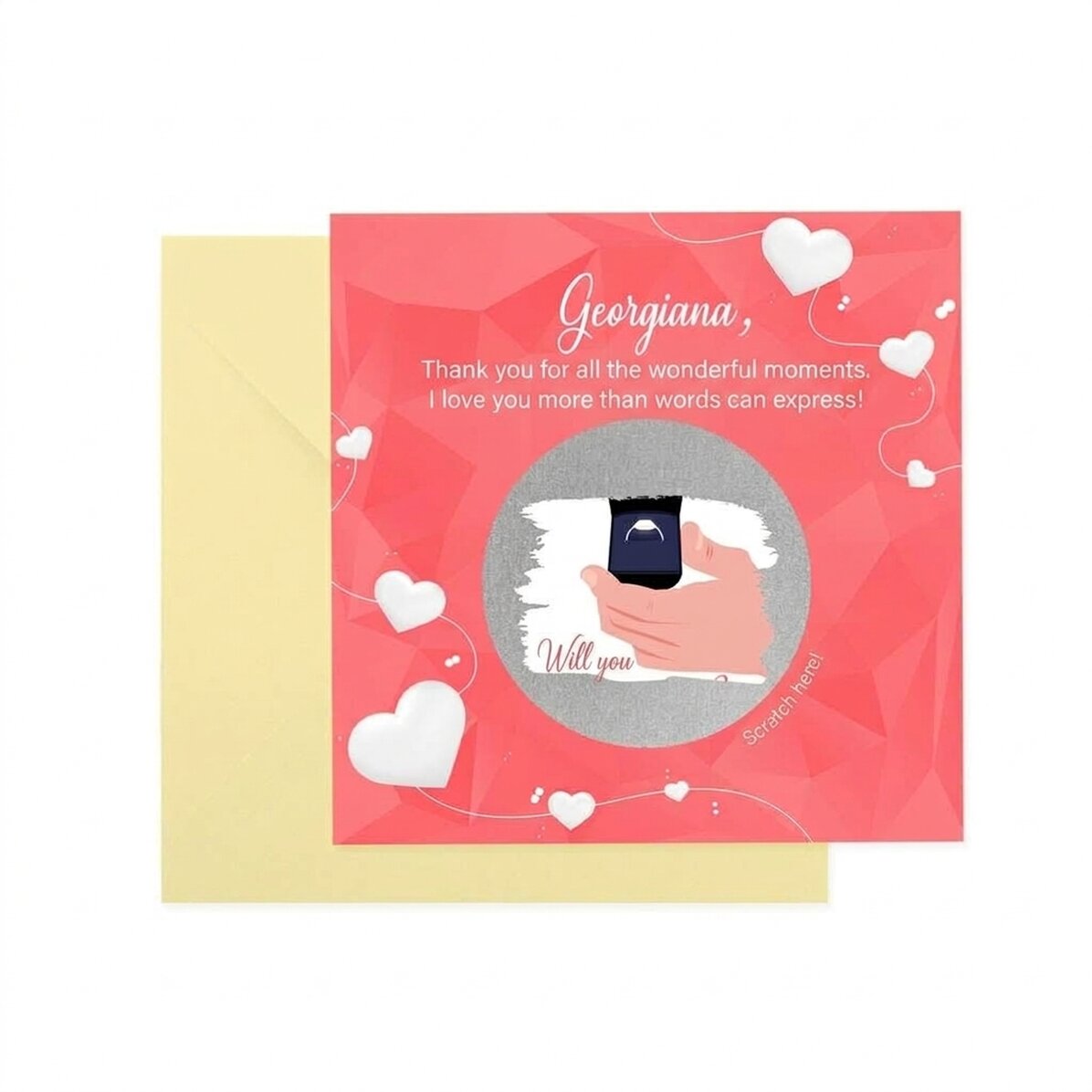 Tarjeta rasca y gana personalizada con texto: «Petición de matrimonio»