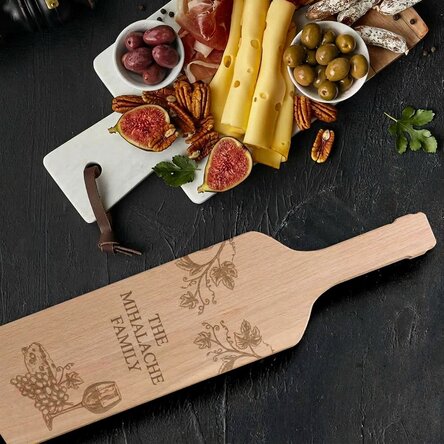 Bottle-shaped cheese chopping board, personalised with a message