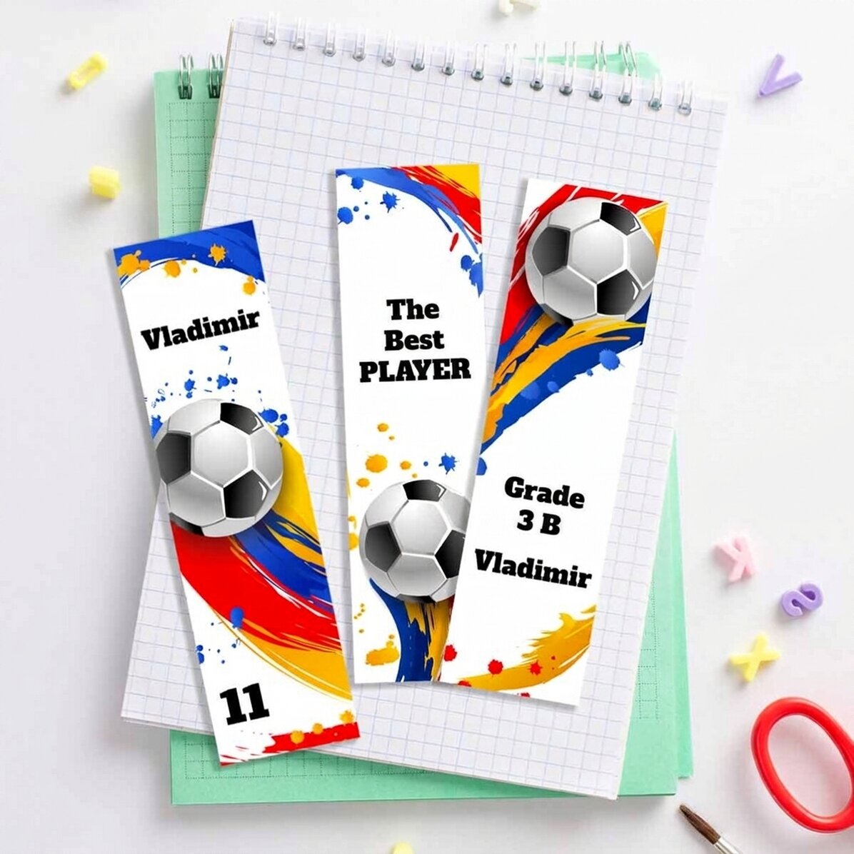 Lote de 3 marcapáginas personalizados con texto - Fútbol