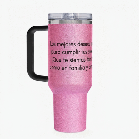 Taza termo con asa y pajita, personalizada con un mensaje para tus seres queridos