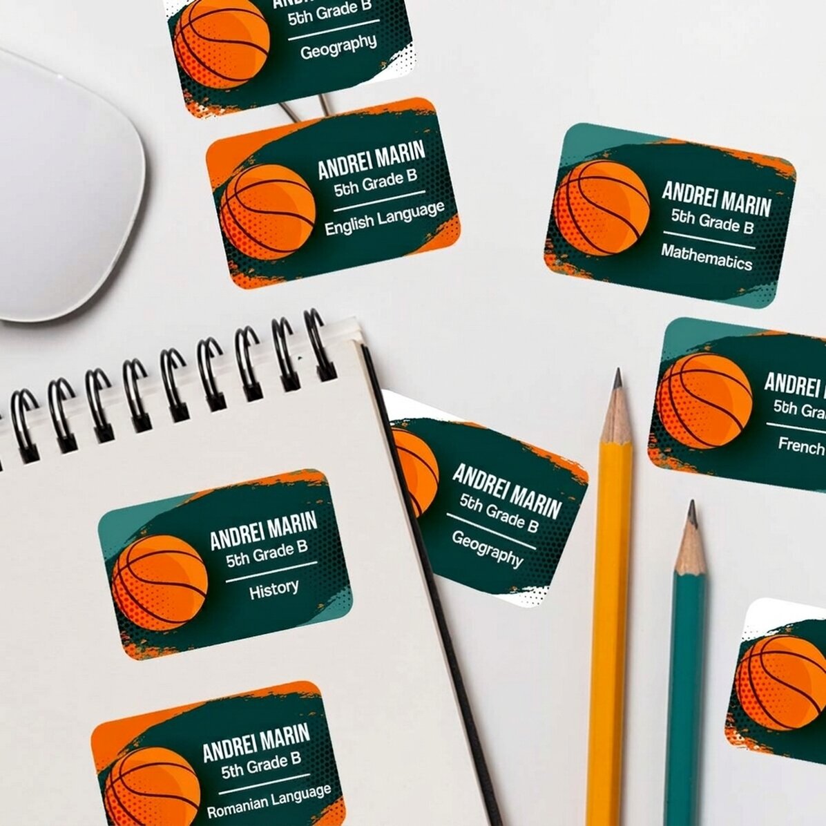 Lote de 8 pegatinas (etiquetas autoadhesivas) personalizadas para el colegio - Baloncesto