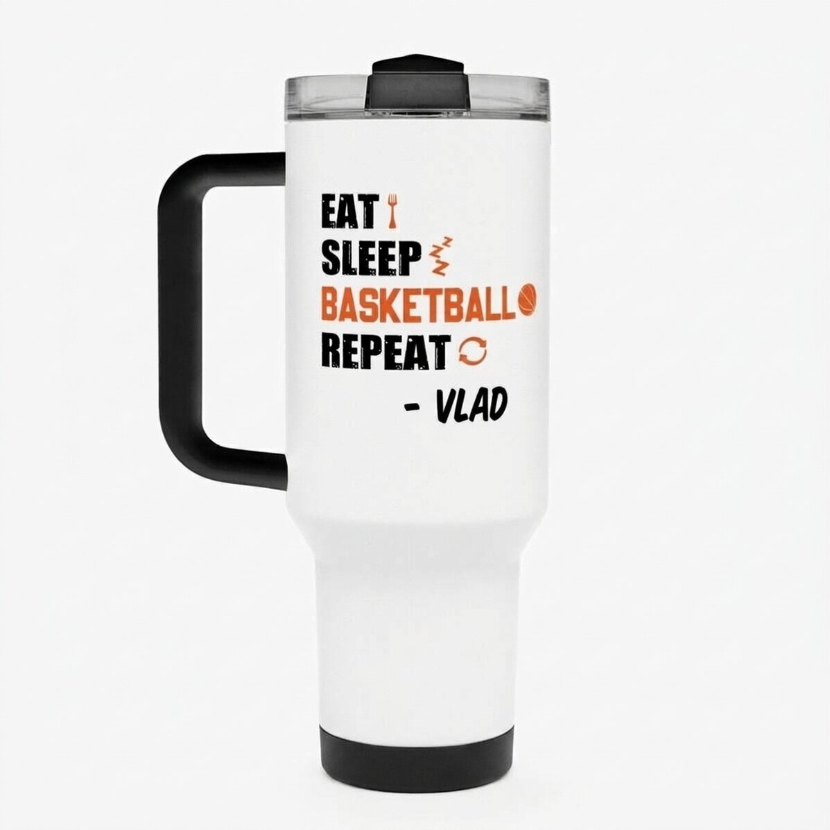 Taza termo con asa y pajita personalizada con nombre - Baloncesto