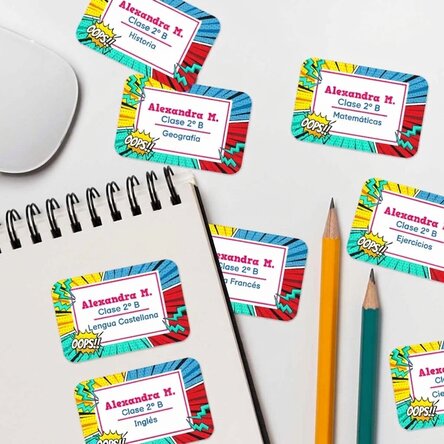 Lote de 8 pegatinas (etiquetas autoadhesivas) personalizadas con texto - Cómics