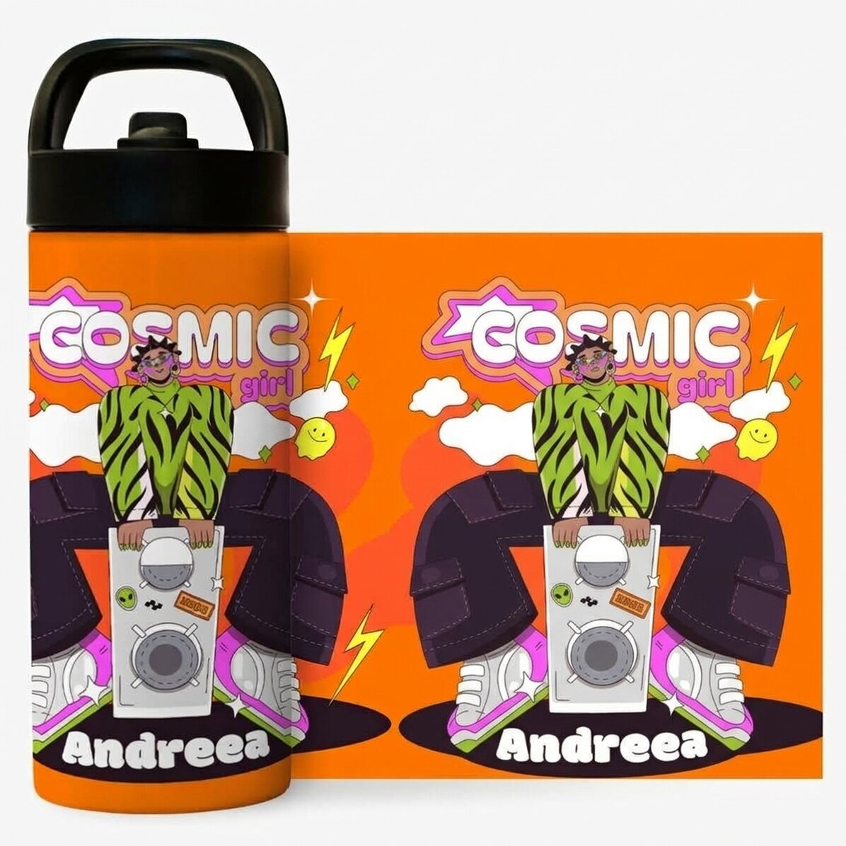 Término con asa y pajita personalizado con nombre - Cosmic Girl