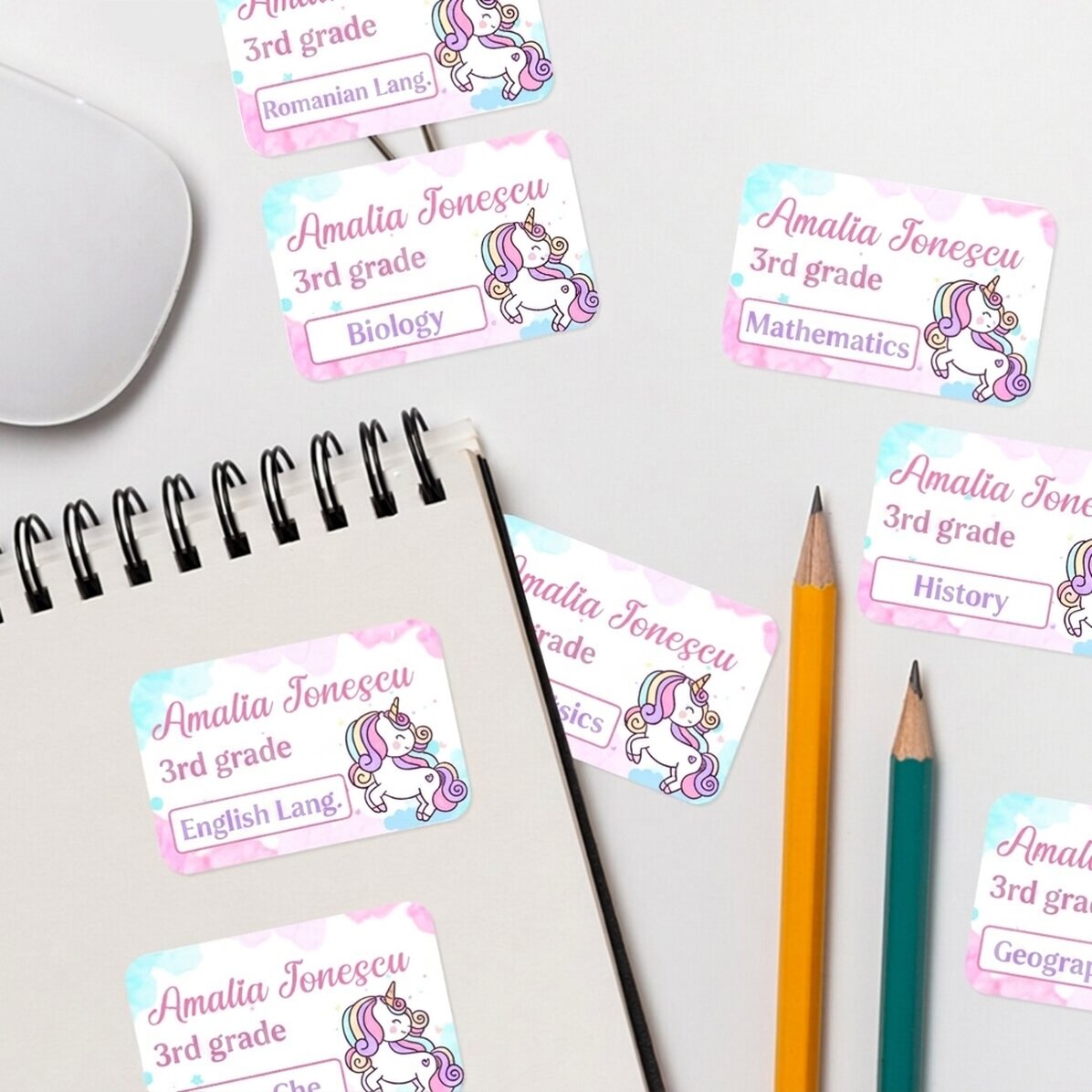 Lote de 8 pegatinas (etiquetas autoadhesivas) personalizadas para el colegio - Unicornio