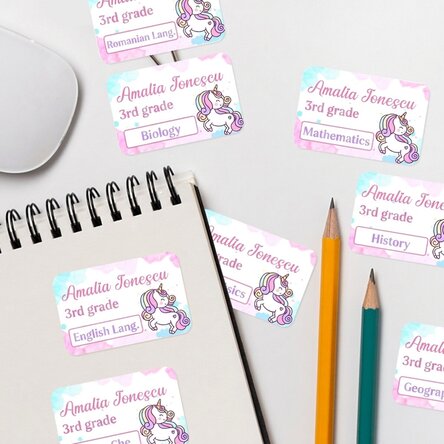 Set of 8 customised stickers (self-adhesive labels) for school - Unicorn