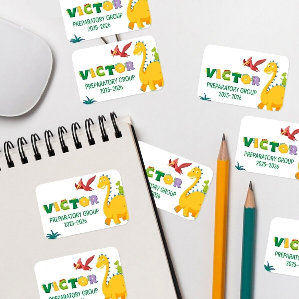 Lote de 8 pegatinas (etiquetas autoadhesivas) personalizadas para el colegio - Dino