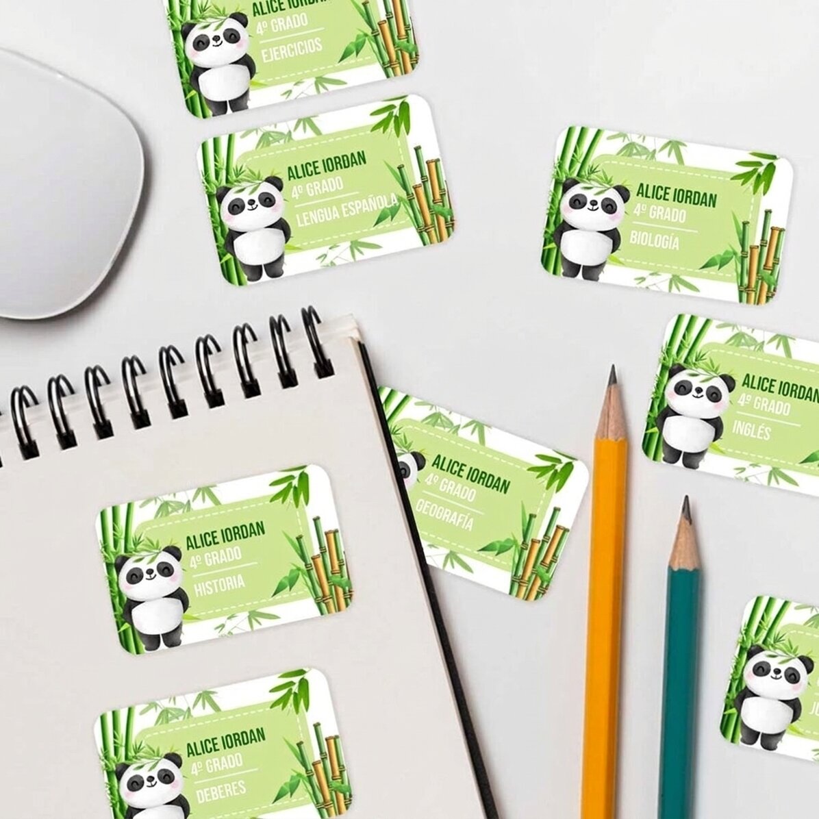 Lote de 8 pegatinas (etiquetas autoadhesivas) personalizadas para el colegio - Cute Panda
