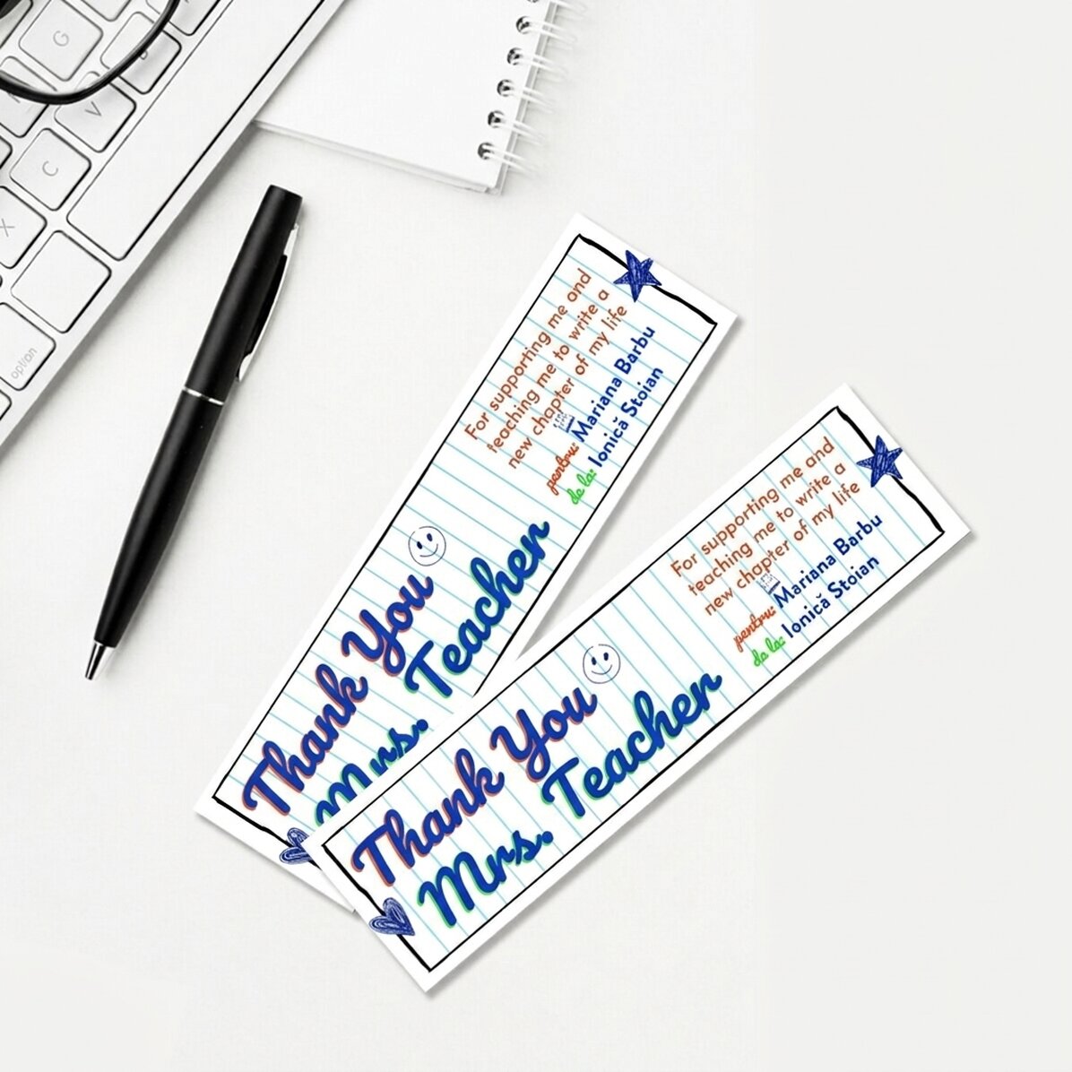 Marcapáginas personalizado con texto para una profesora - Papel de cuaderno