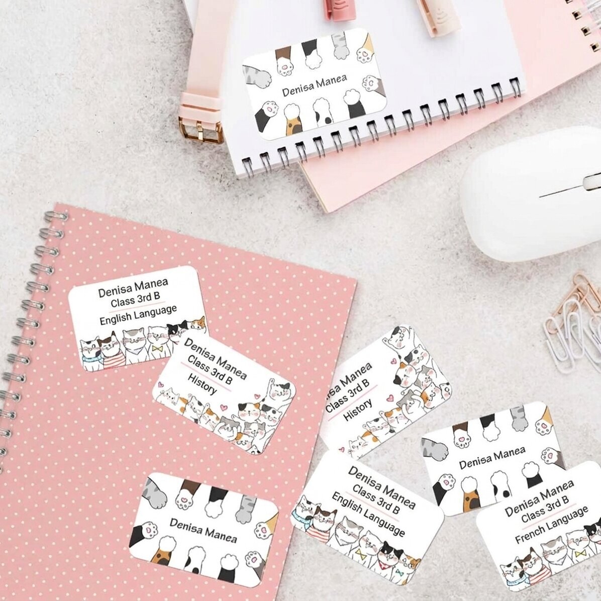 Lote de 8 pegatinas (etiquetas autoadhesivas) personalizadas para el colegio - Kitty