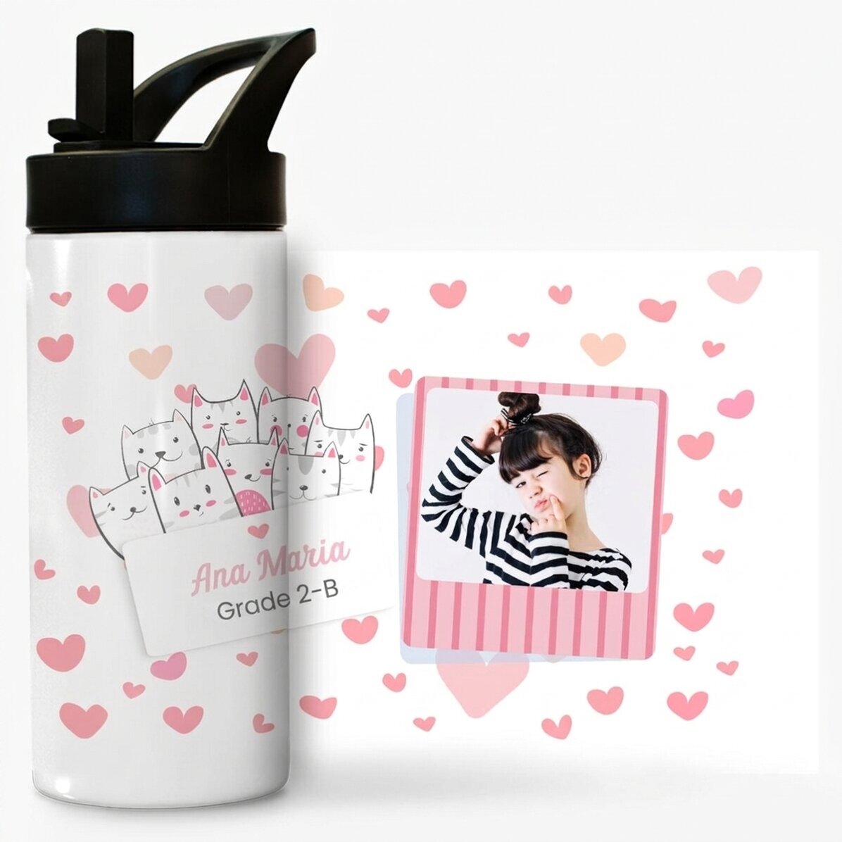 Término con asa y pajita personalizado con nombre y foto - Kitty