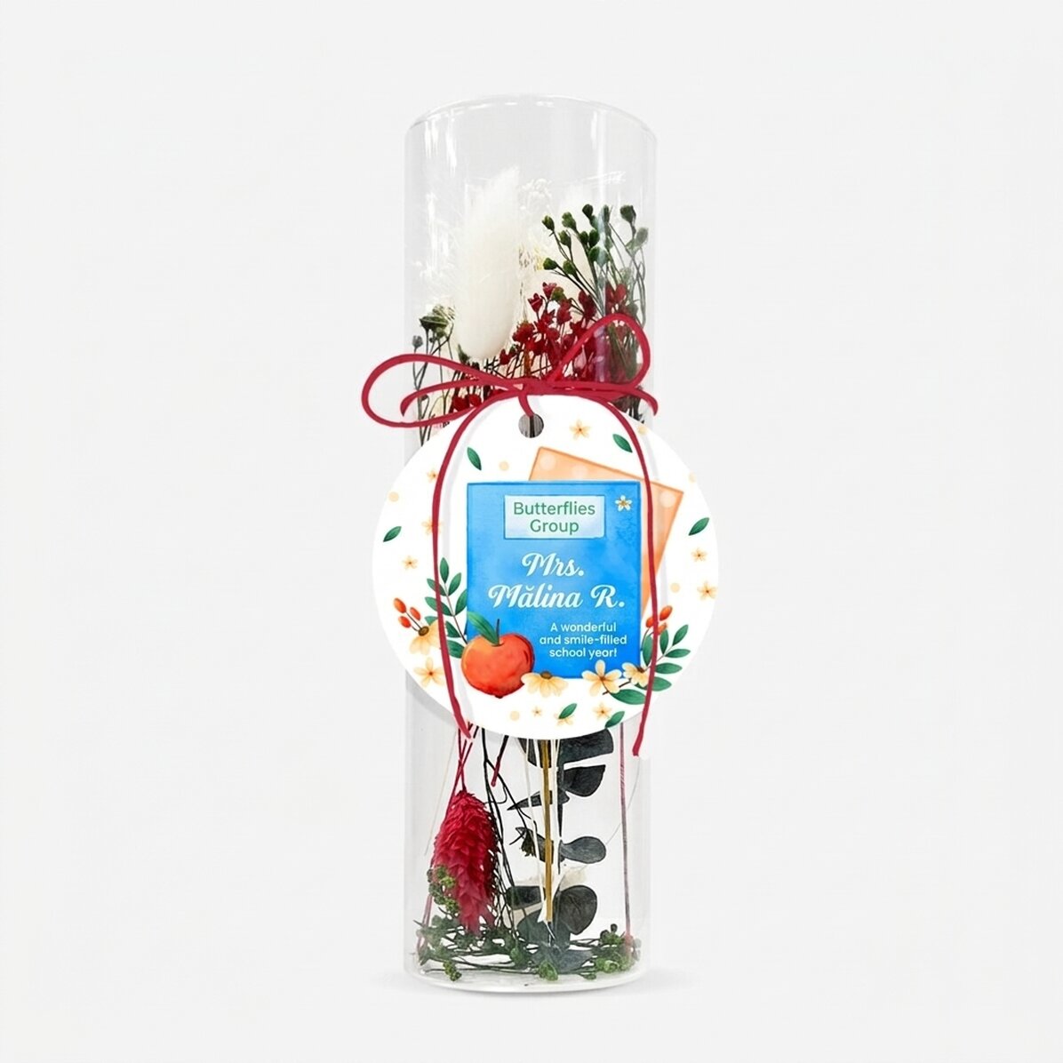 Adorno de cristal con flores preservadas, personalizado con un mensaje para las profesoras