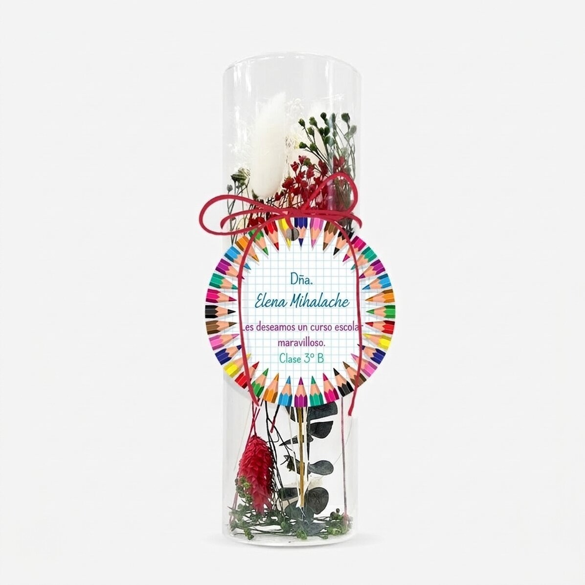 Adorno de cristal con flores preservadas, personalizado con un mensaje para las profesoras - Vuelta 