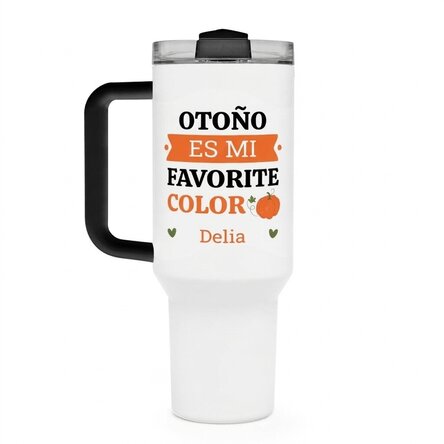 Taza termo con asa y pajita personalizada con texto - Otoño