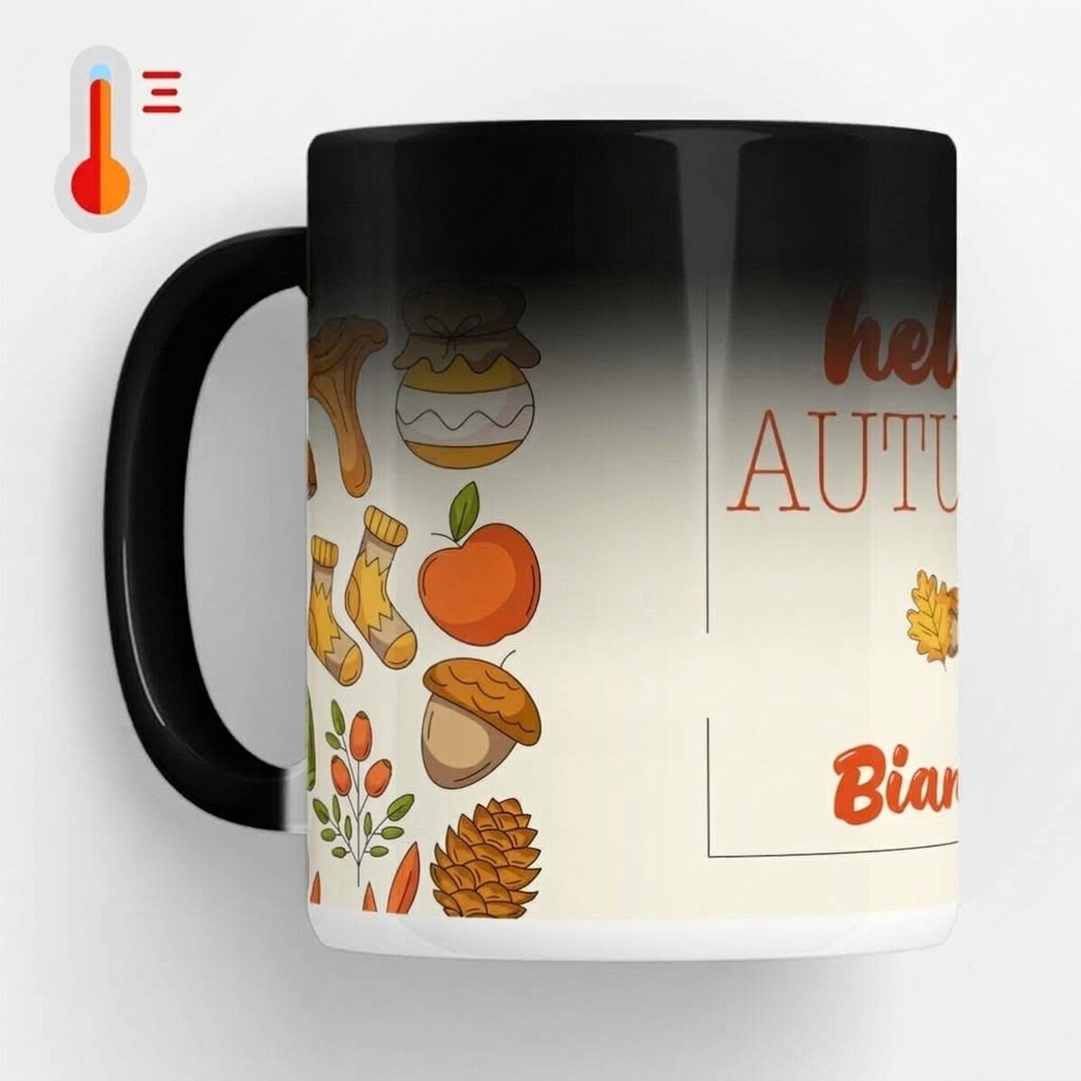 Taza termosensible personalizada con texto: «Hello Autumn»