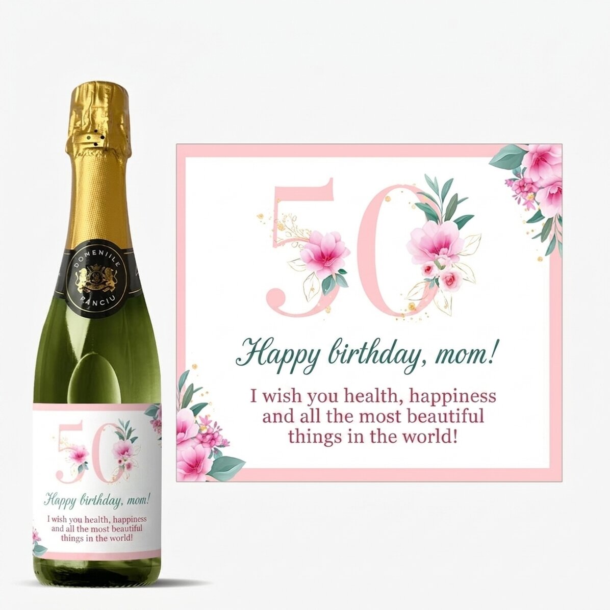 Botella mediana de vino espumoso personalizada con texto - Flowers