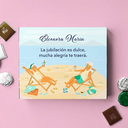 Caja de bombones personalizada con mensaje: «Feliz jubilación»