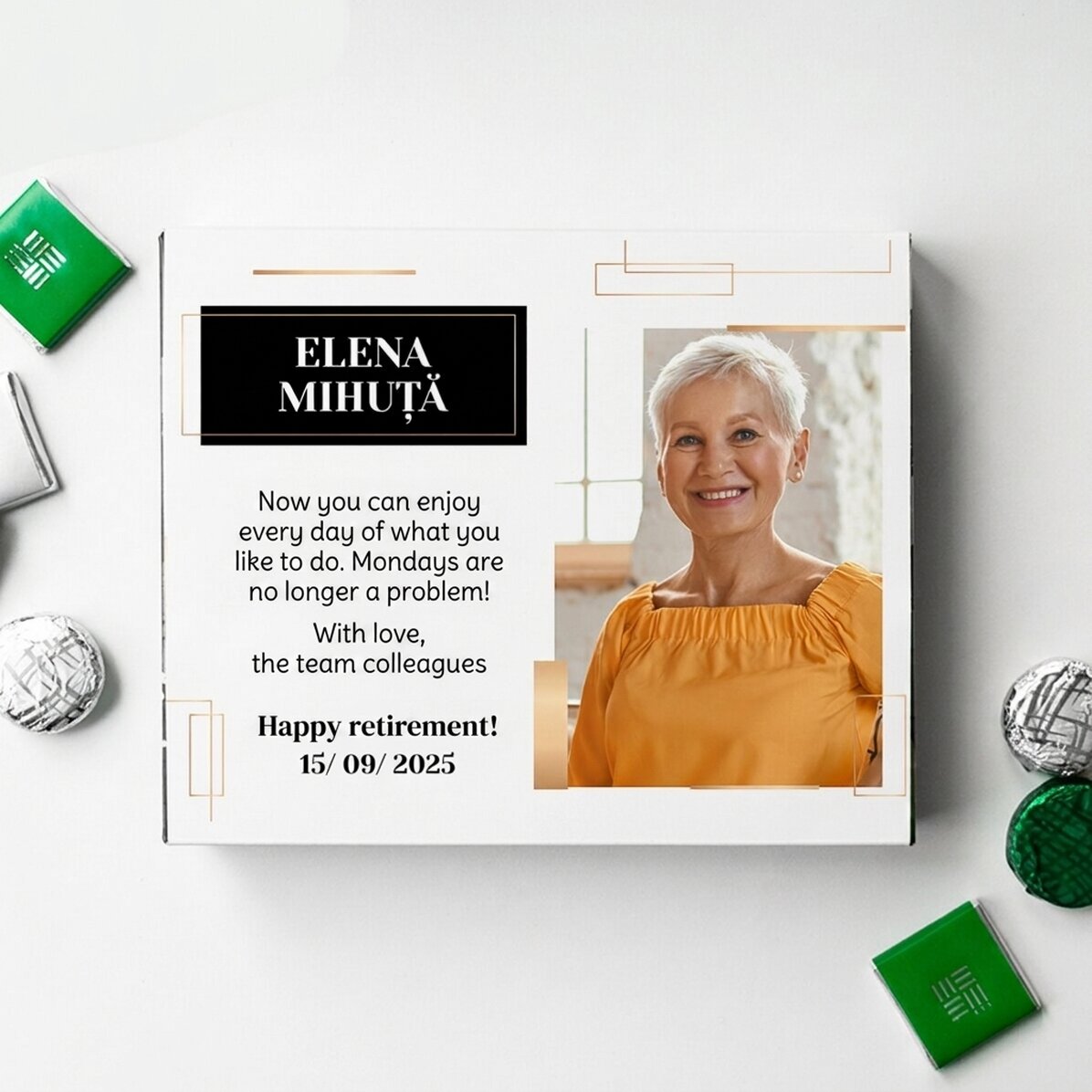 Caja de bombones personalizada con mensaje y foto - Jubilación
