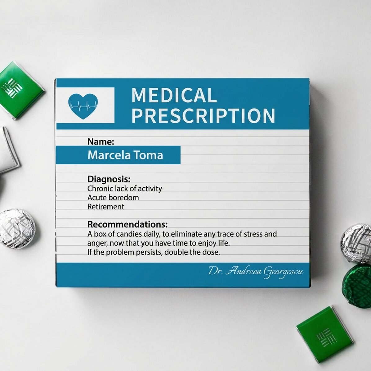Caja de bombones personalizada con mensaje: «Receta médica»