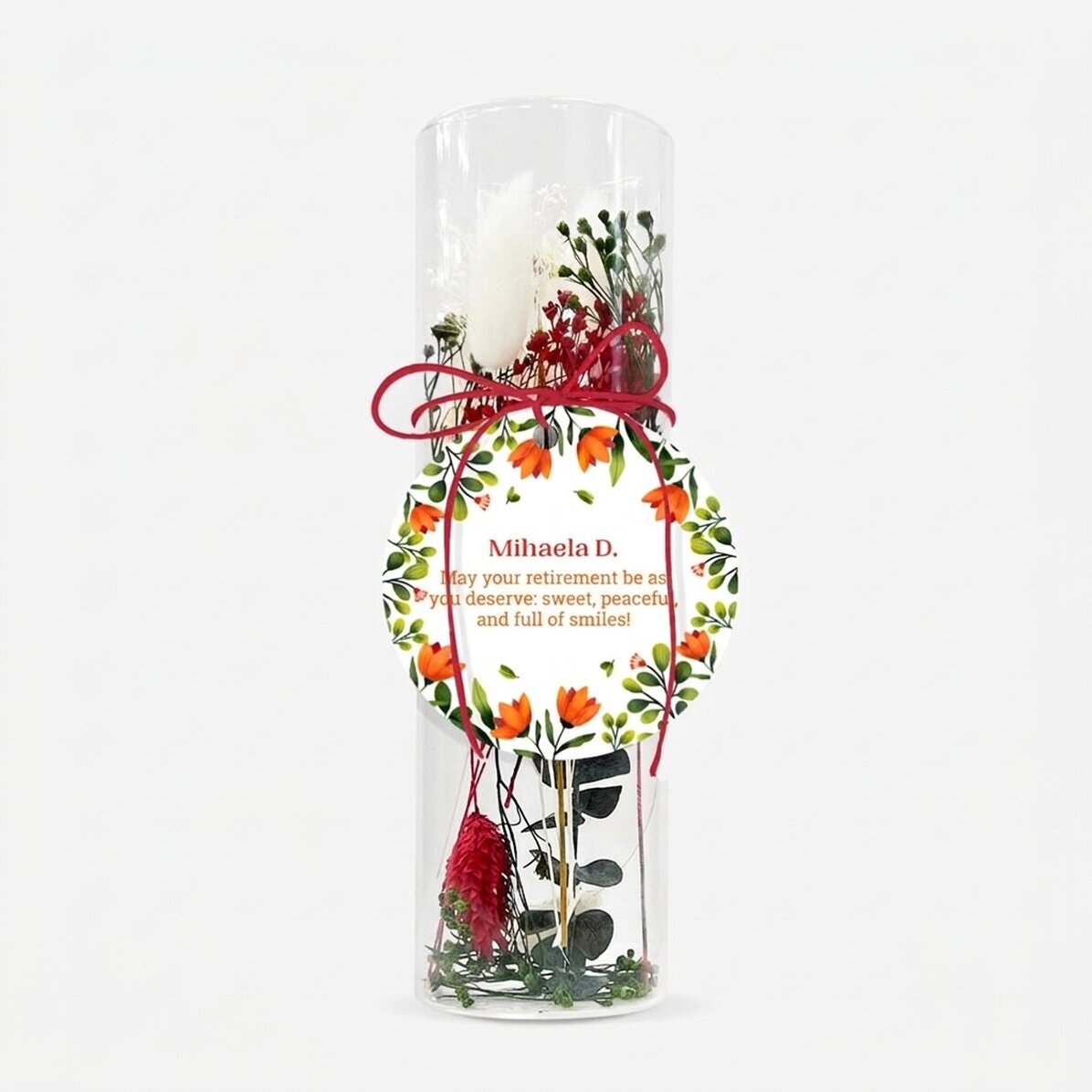 Adorno de cristal con flores preservadas, personalizado con un mensaje - Jubilación
