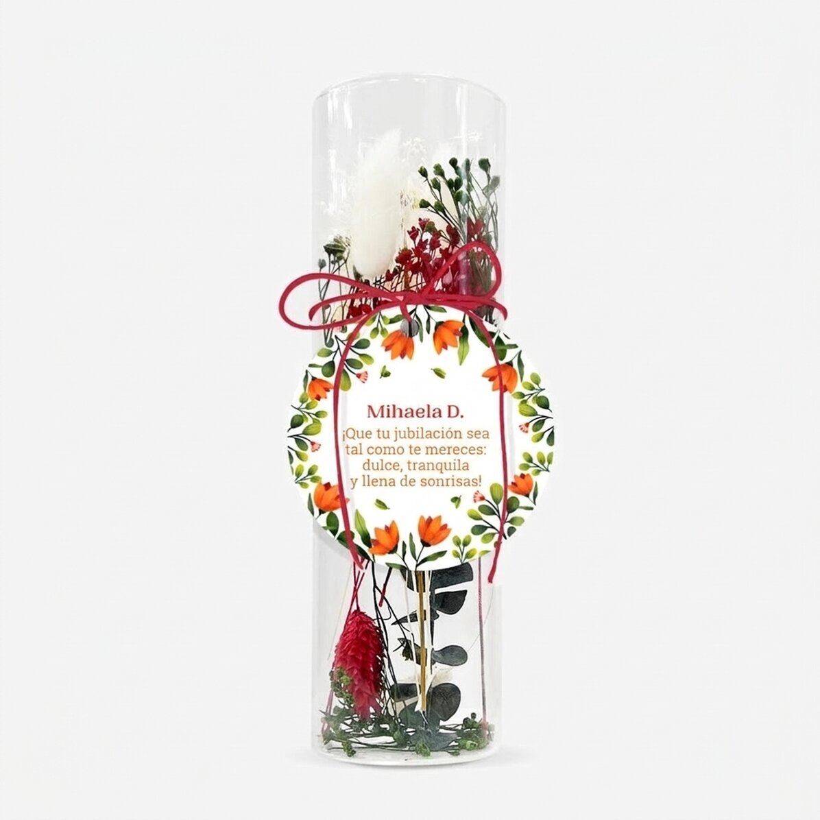 Adorno de cristal con flores preservadas, personalizado con un mensaje - Jubilación
