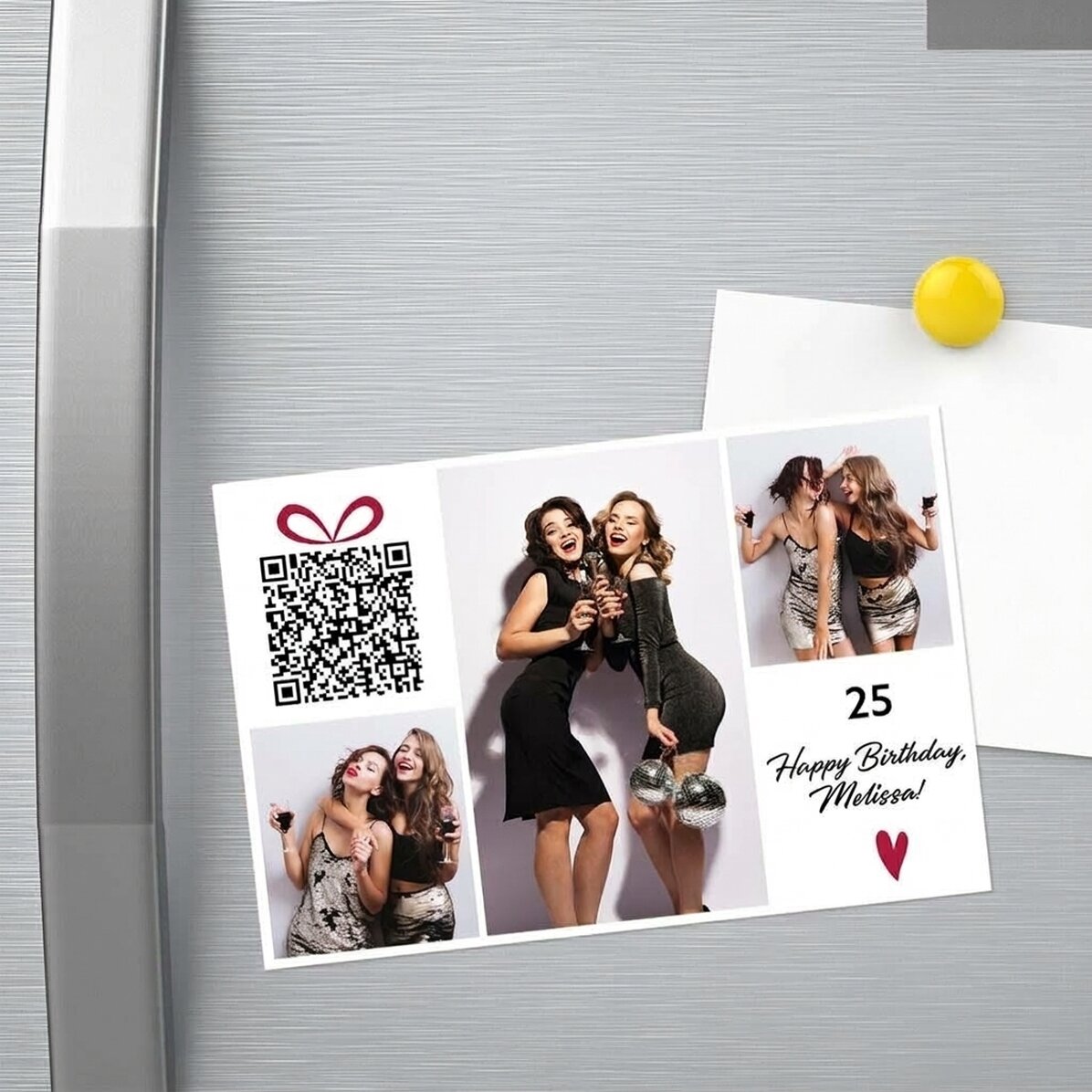 Iman de 15 x 10 cm personalizado con texto, fotos y código QR: «¡Feliz cumpleaños!»