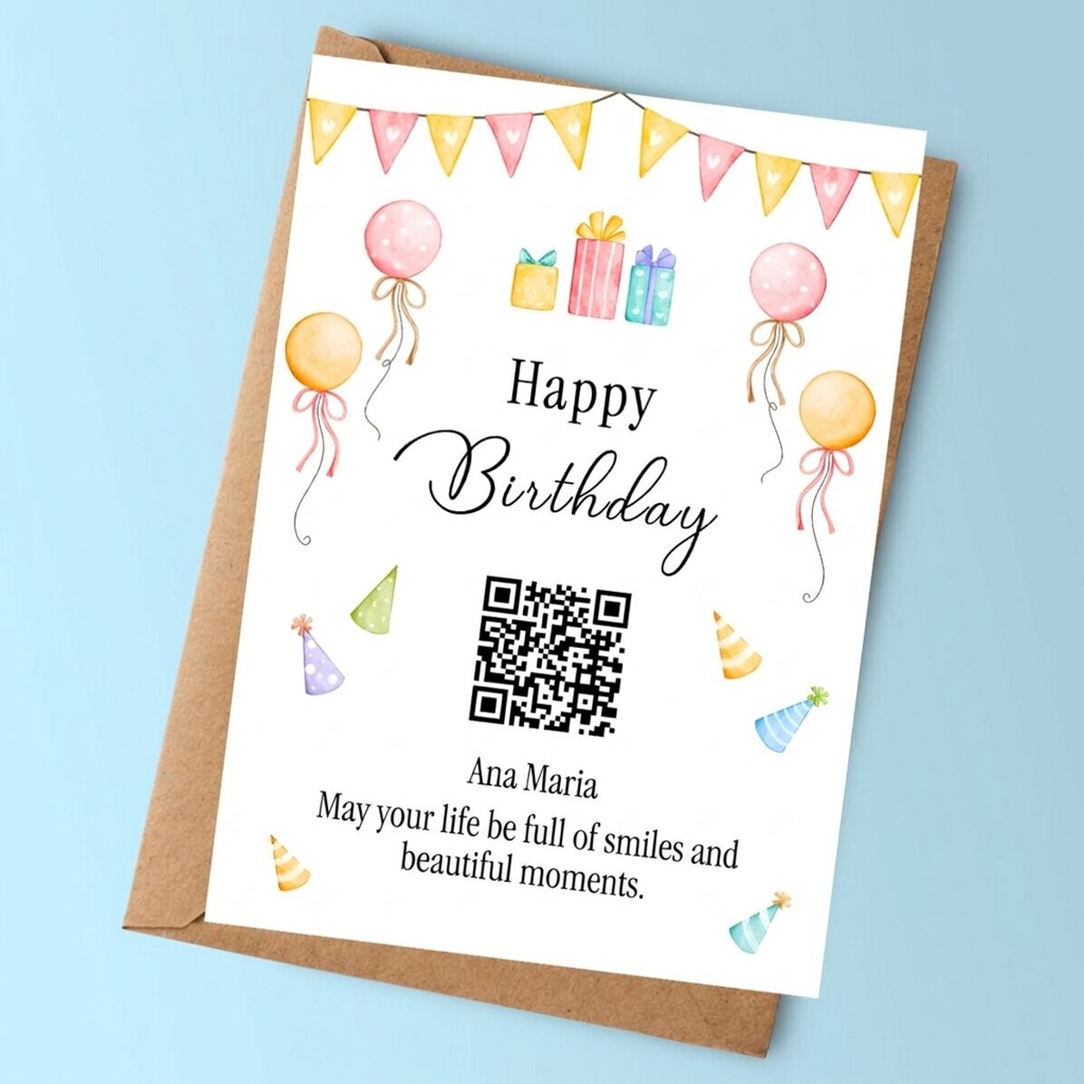 Tarjeta personalizada con texto y código QR: ¡Feliz cumpleaños!