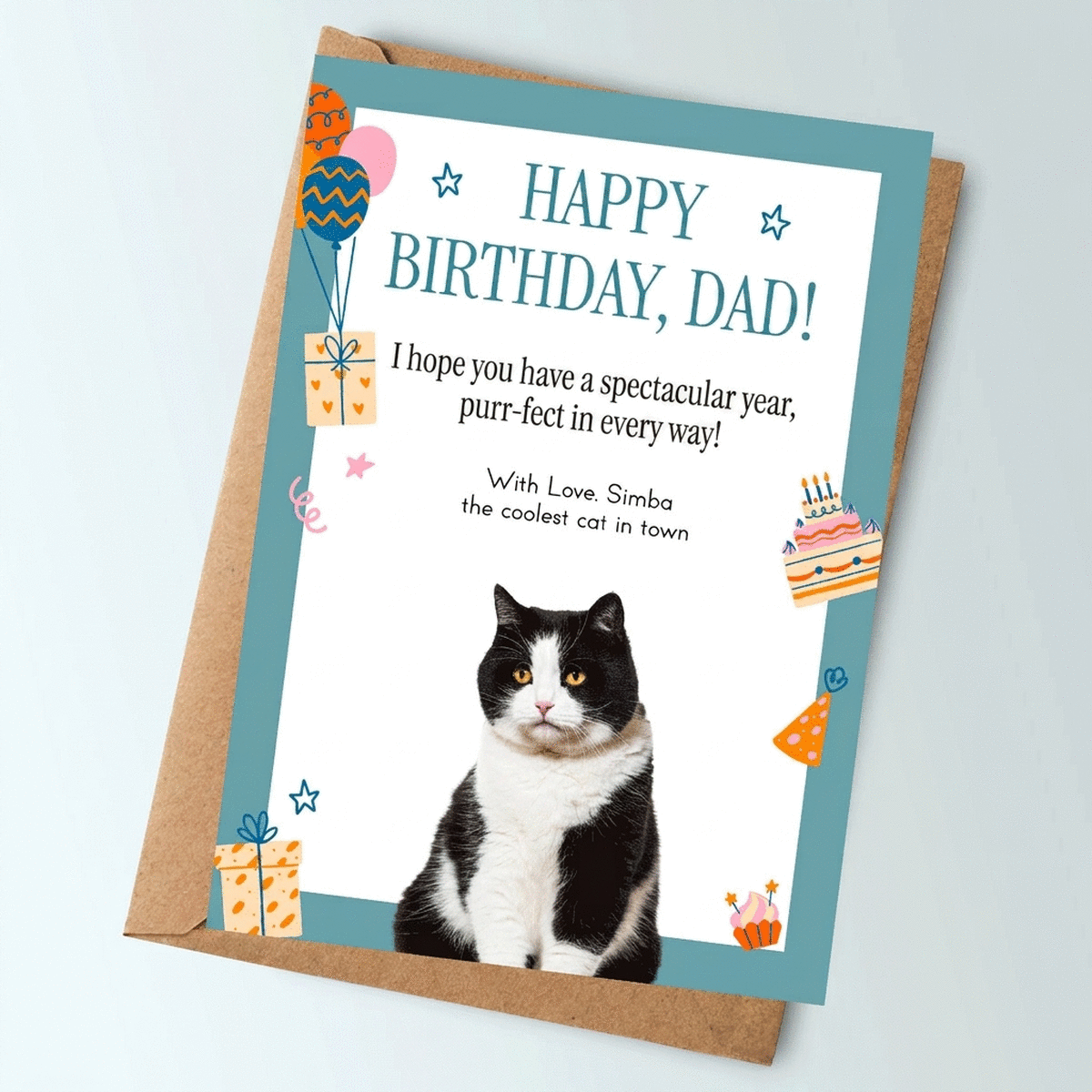 Tarjeta personalizada con un texto y una foto de tu mascota: ¡Feliz cumpleaños!