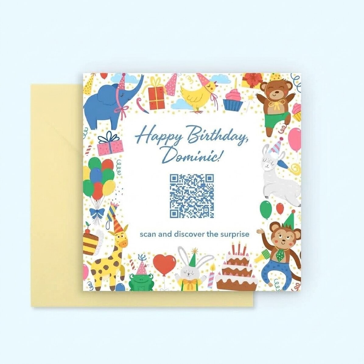 Tarjeta cuadrada personalizada con texto y código QR - Niños