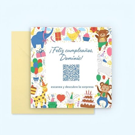 Tarjeta cuadrada personalizada con texto y código QR - Niños