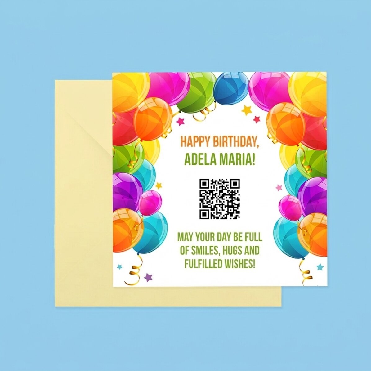Tarjeta cuadrada personalizada con texto y código QR: ¡Feliz cumpleaños!