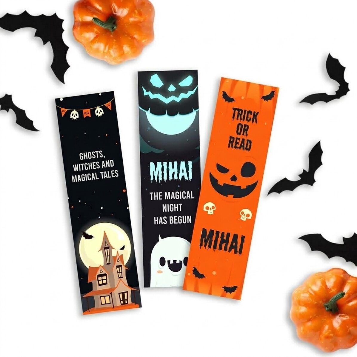 Lote de 3 marcapáginas personalizados con texto - Trick or read