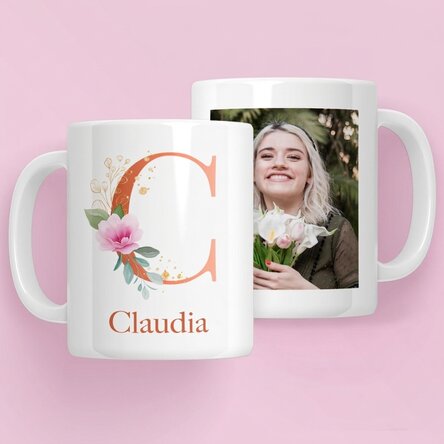 Taza personalizada con inicial, nombre y foto