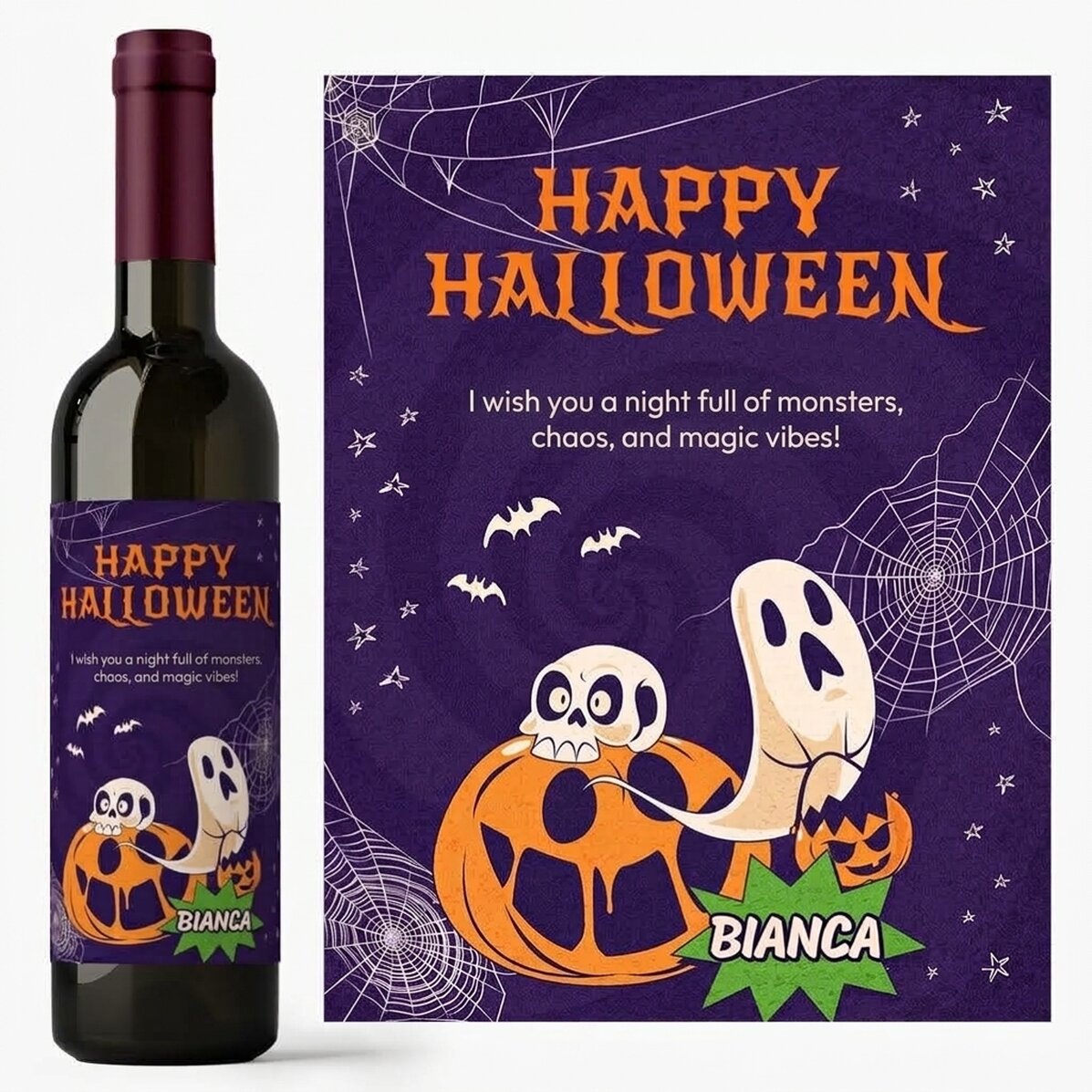 Vino personalizado con mensaje: «Stay spooky»