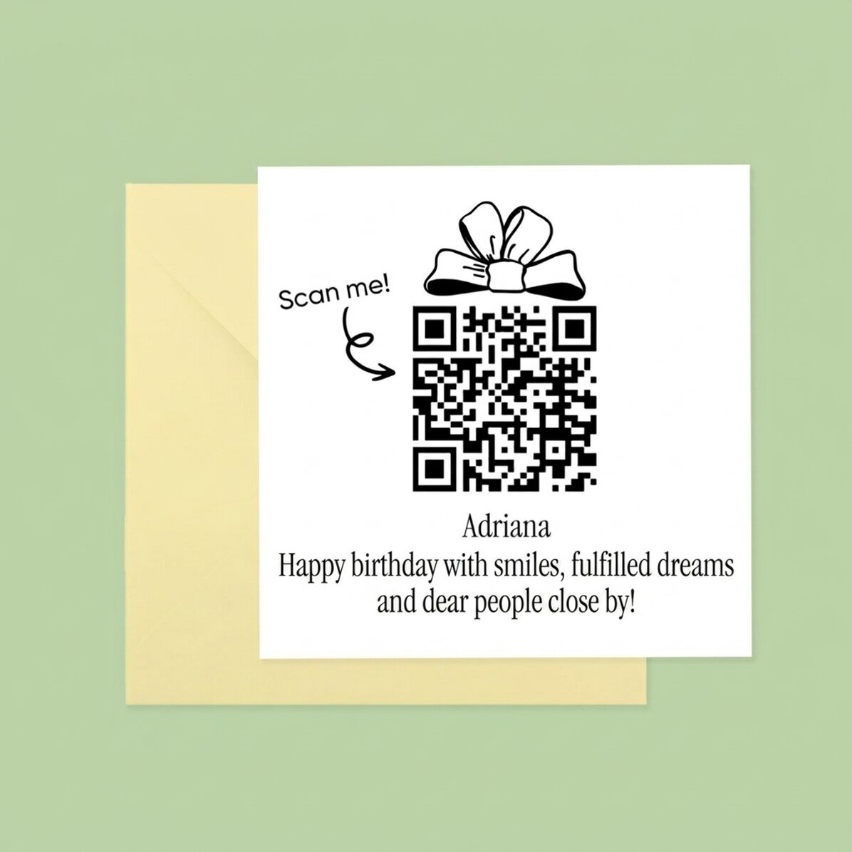 Tarjeta cuadrada personalizada con mensaje y código QR: ¡Feliz cumpleaños!