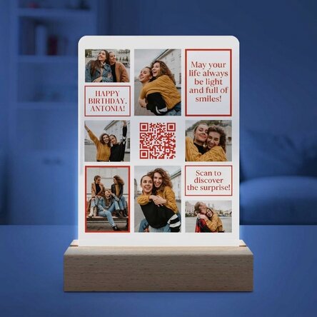 Lámpara LED de noche personalizada con 7 fotos, un mensaje y un código QR - ¡Feliz cumpleaños!