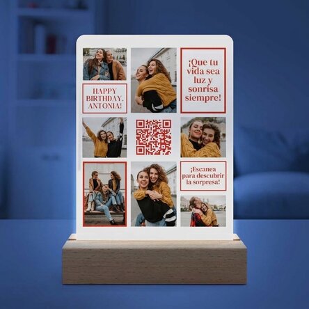 Lámpara LED de noche personalizada con 7 fotos, un mensaje y un código QR - ¡Feliz cumpleaños!