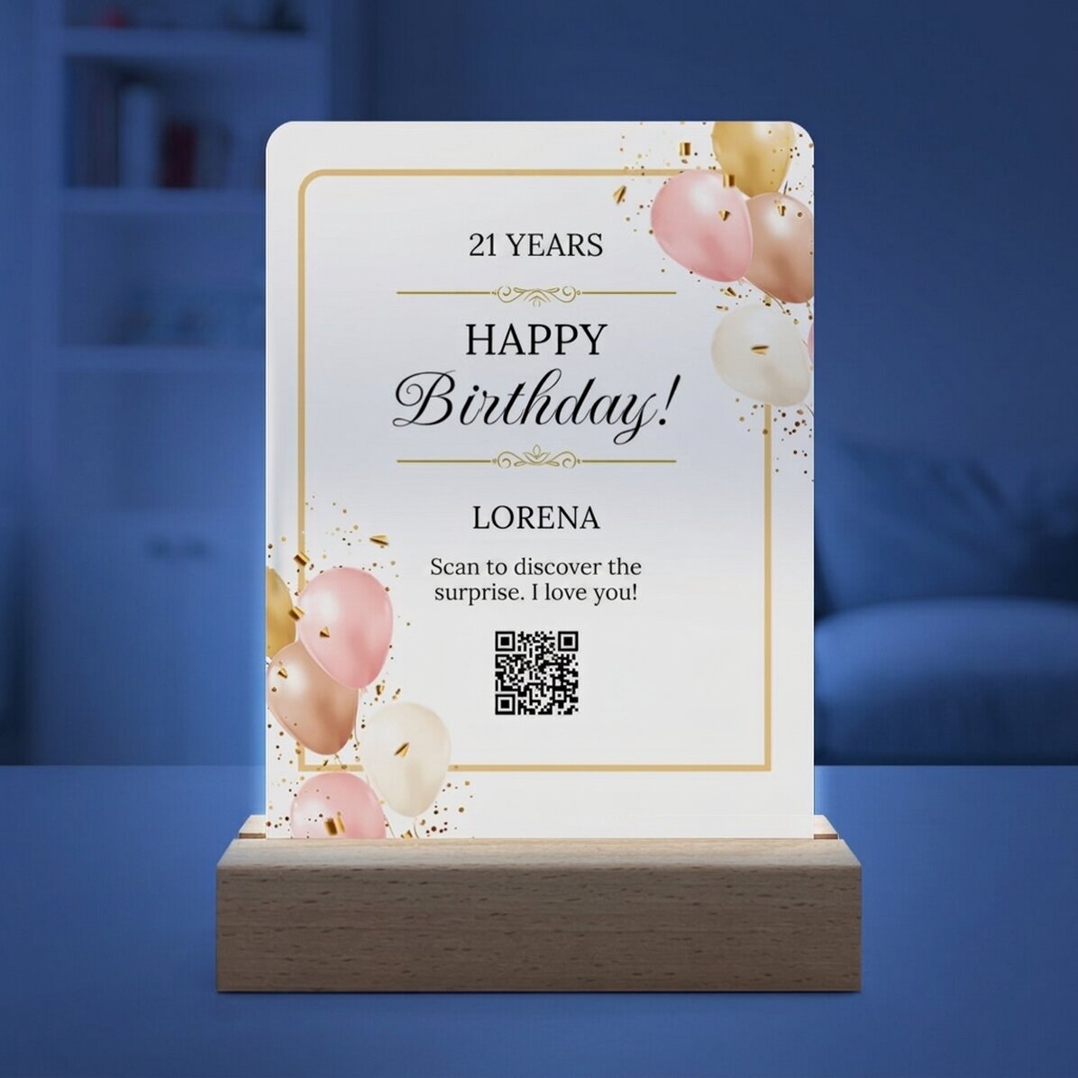 Lámpara LED de noche personalizada con mensaje y código QR - Cumpleaños
