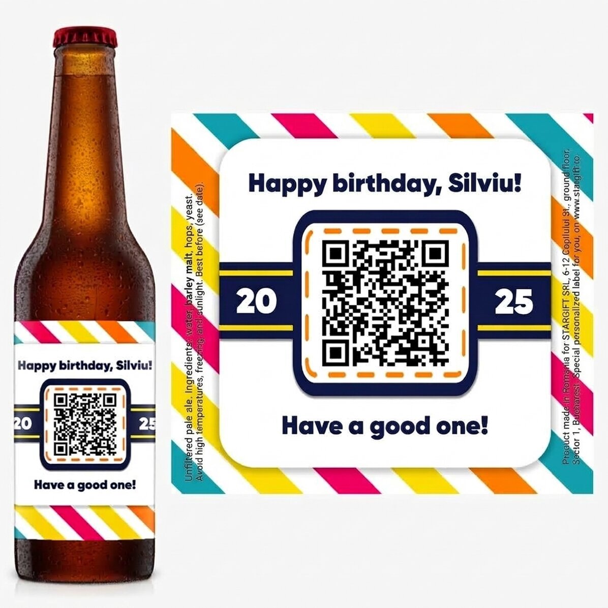 Cerveza personalizada con texto y código QR - Feliz cumpleaños