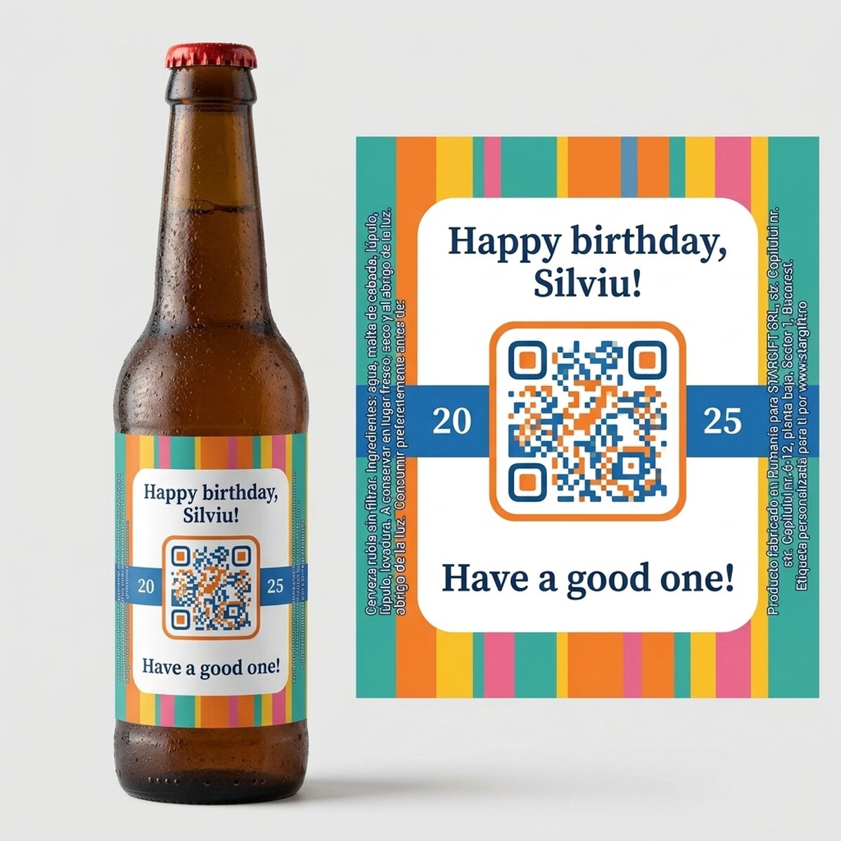 Cerveza personalizada con texto y código QR - Feliz cumpleaños