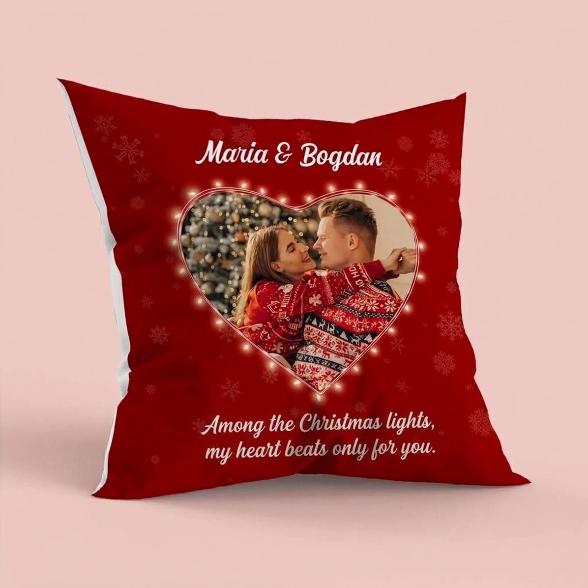 Cojín personalizado con una foto y un mensaje - Luces de Navidad