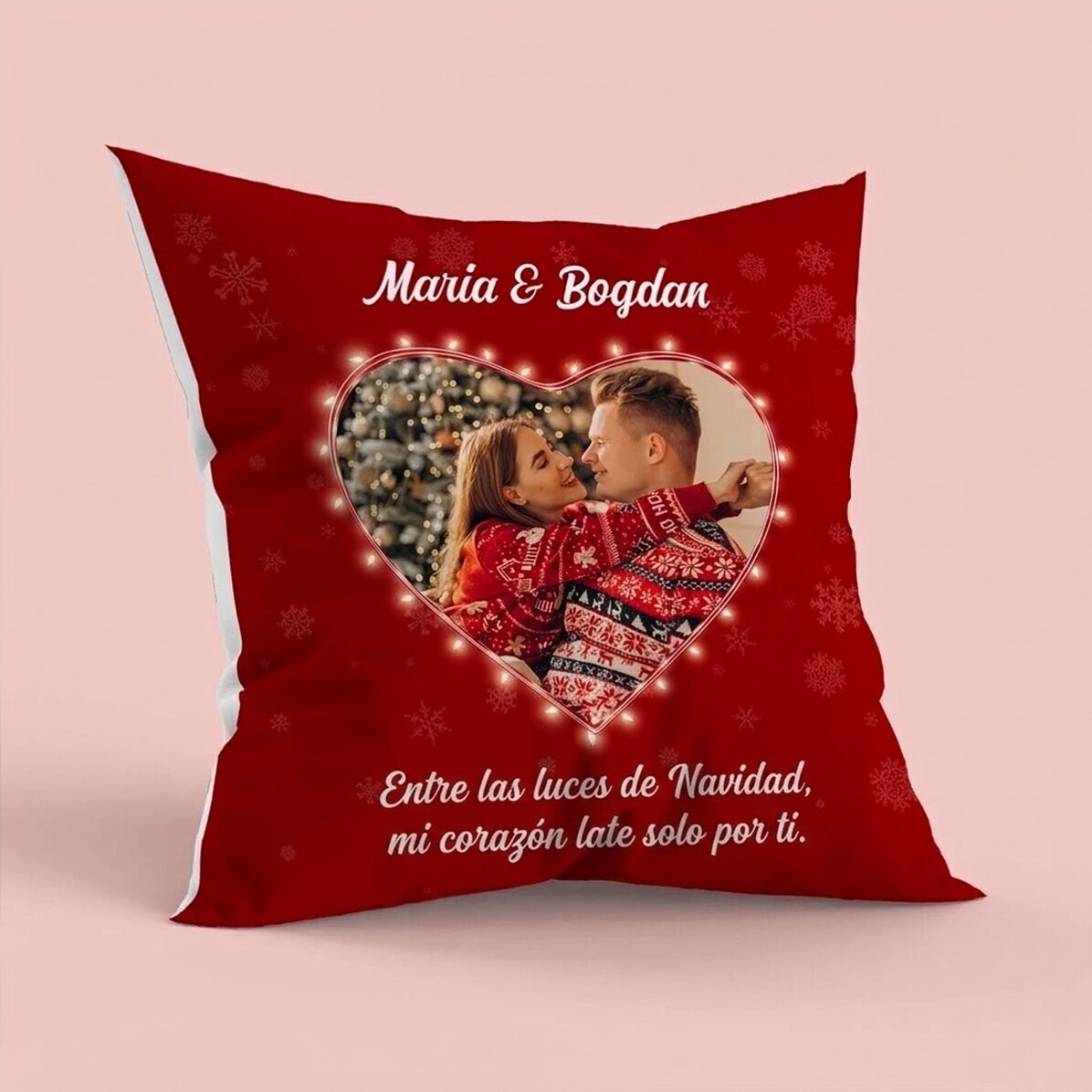 Cojín personalizado con una foto y un mensaje - Luces de Navidad
